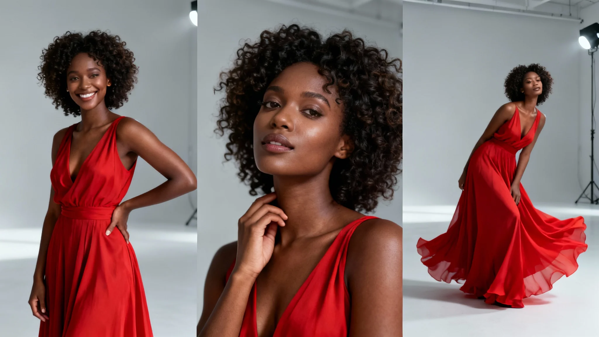 A professional photo collage in a 16:9 aspect ratio, showcasing three different portrait poses. The subject in all photos is a confident Black woman with curly hair wearing a flowing red dress, set against a minimalist studio background.