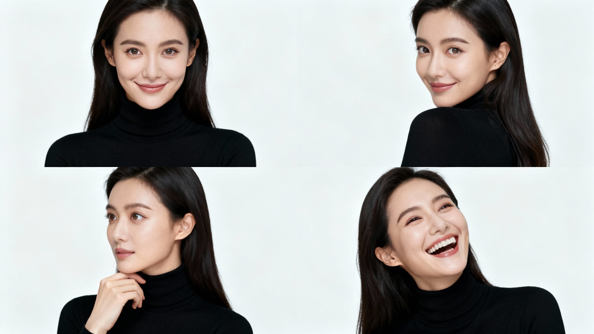 A collage of four portrait photographs of a woman demonstrating different poses for a portrait session, all set against a clean white background.