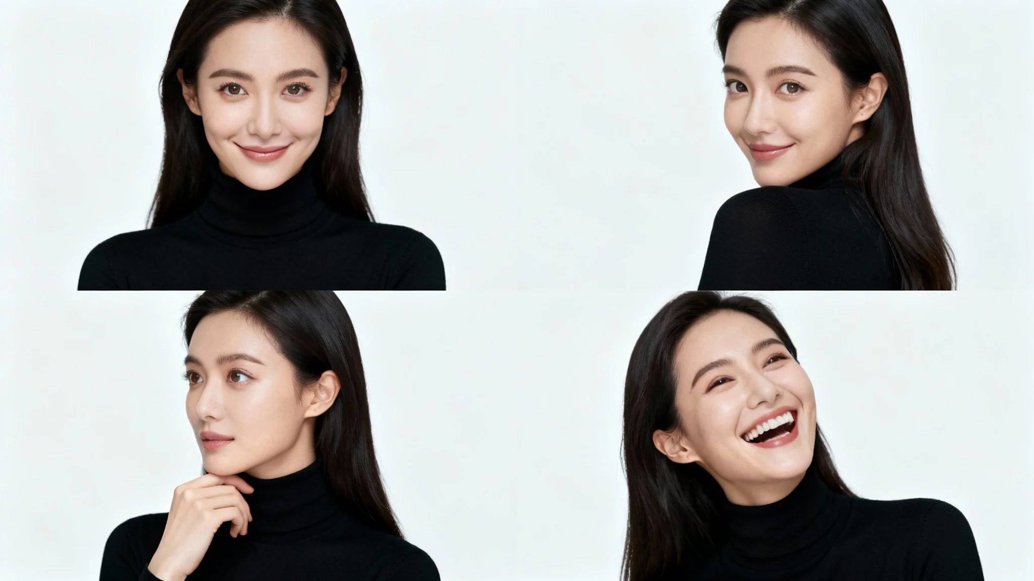 A collage of four portrait photographs of a woman demonstrating different poses for a portrait session, all set against a clean white background.