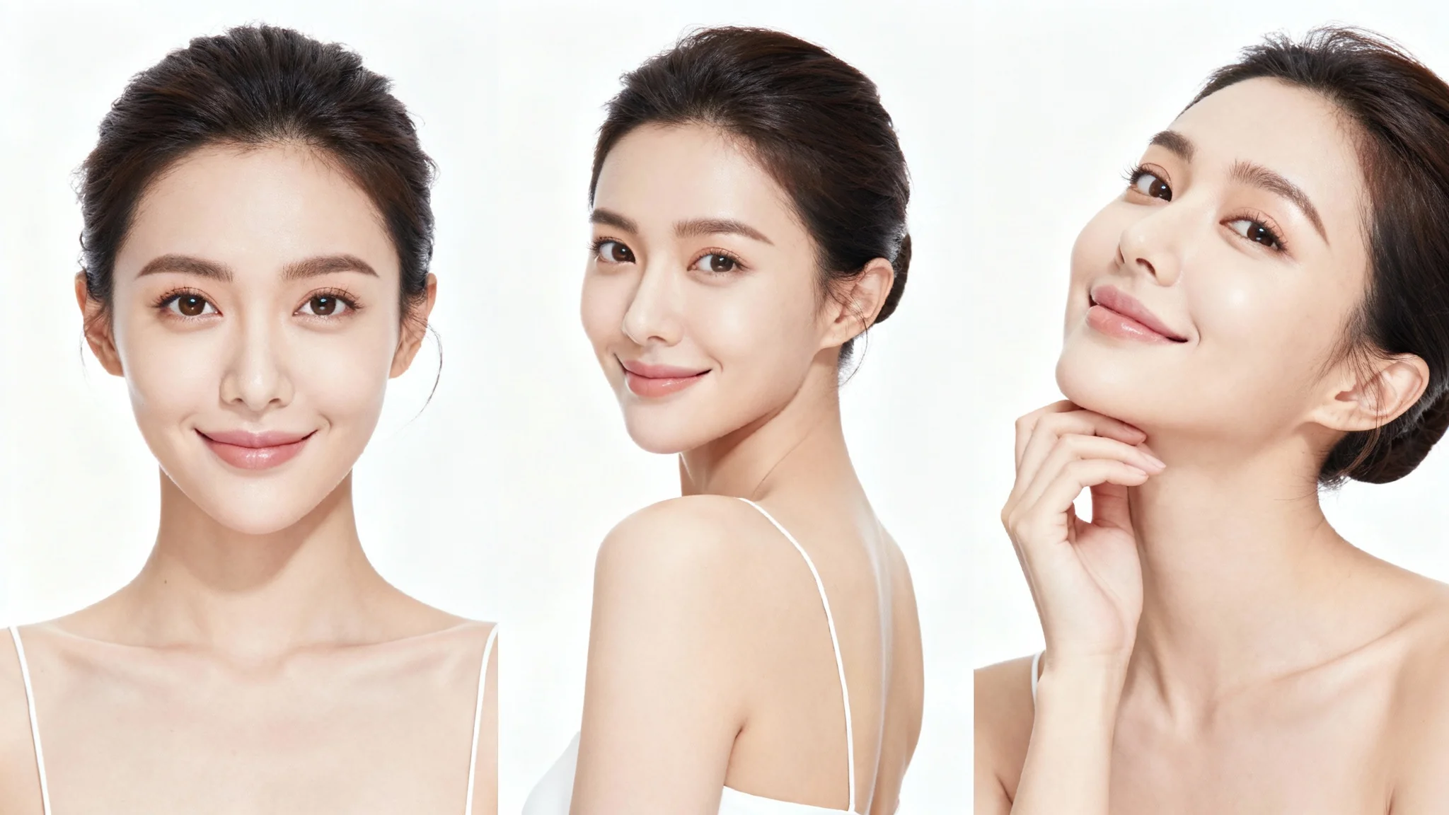 A side-by-side comparison of three professional portrait poses demonstrated by a woman against a clean white background.