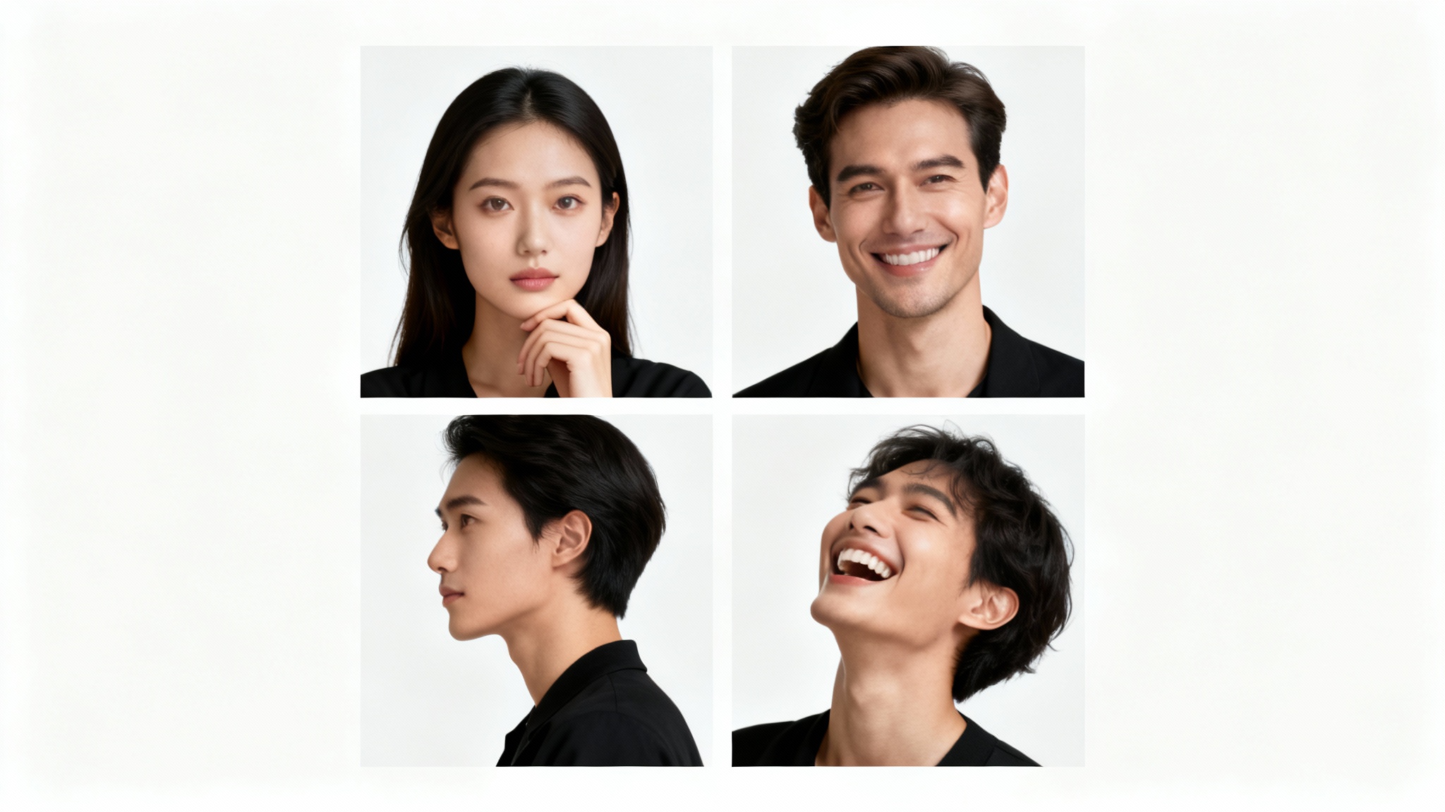 A grid of four professional studio portraits on a white background, each demonstrating a different pose for portrait photography, including thoughtful, smiling, side-profile, and laughing poses.