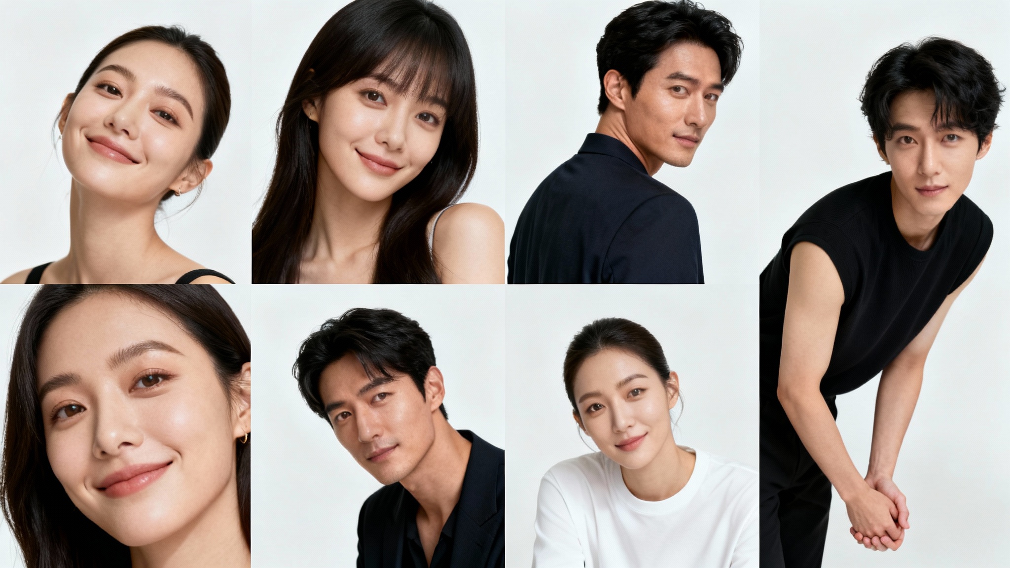 A collage of professional studio portraits demonstrating various posing techniques against a clean white background.