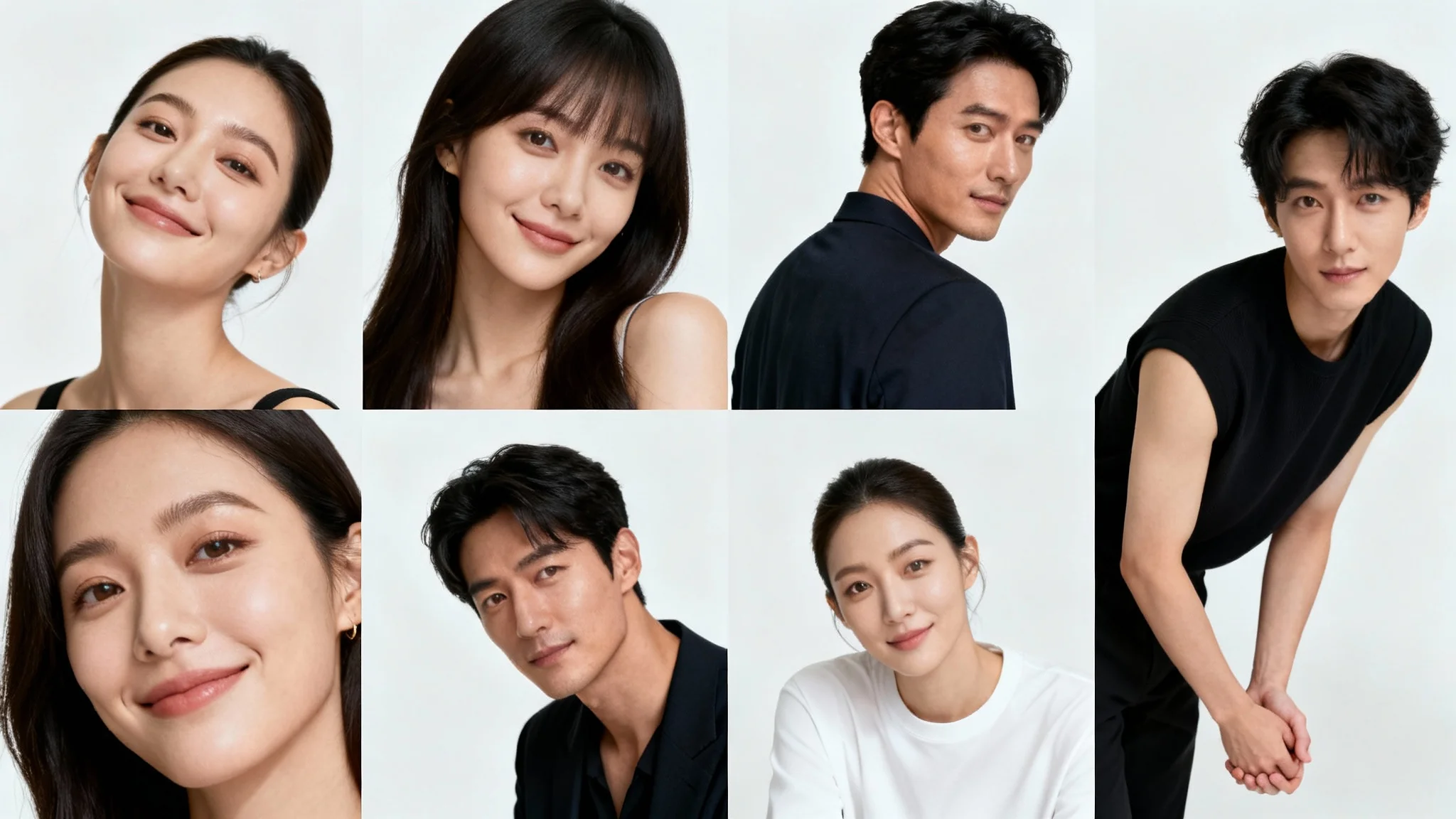 A collage of professional studio portraits demonstrating various posing techniques against a clean white background.