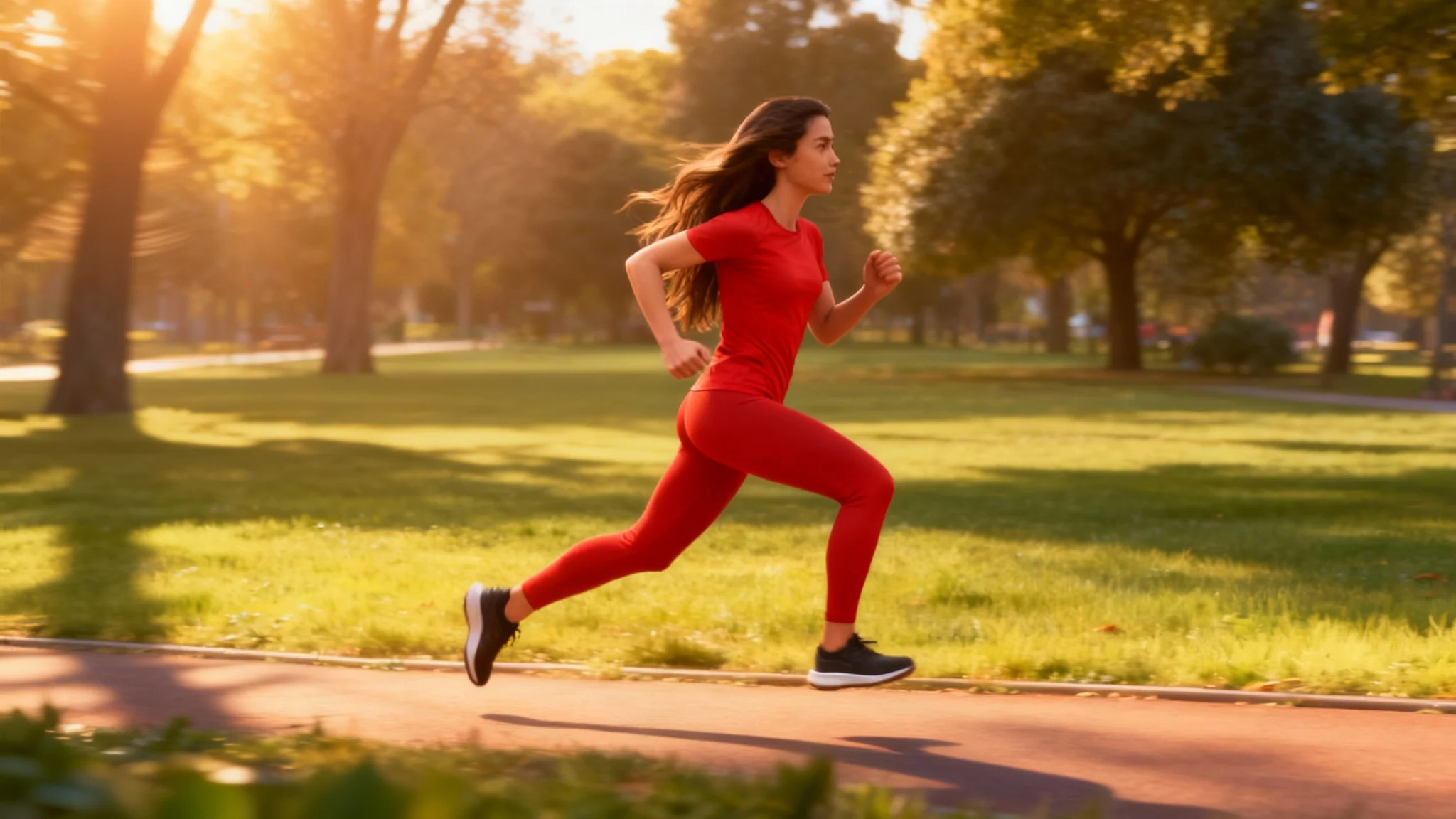 A cinematic 3D animation still of a female character in a red athletic outfit sprinting through a sunny park, captured in a dynamic, low-angle shot that emphasizes speed and energy.