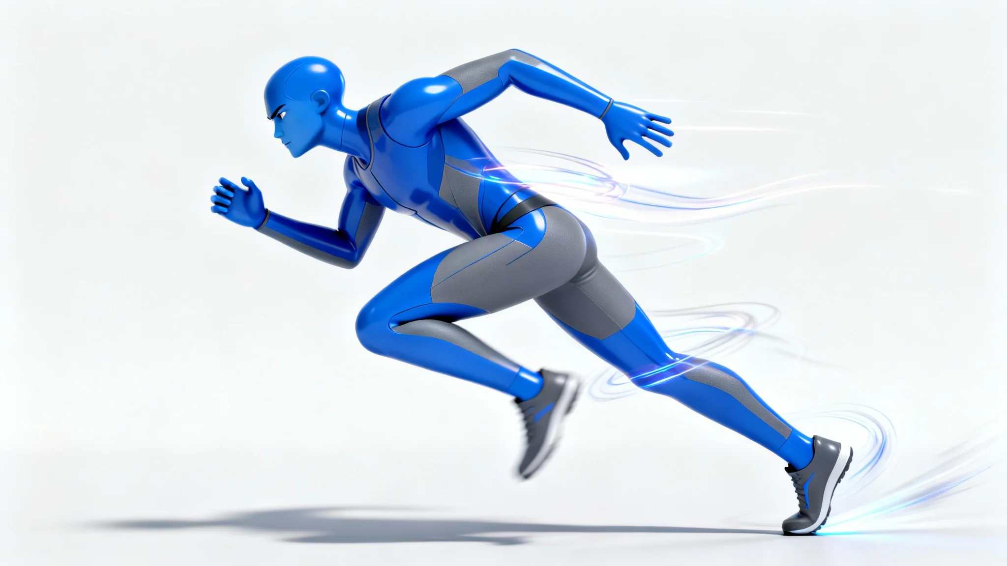 A stylized 3D animated character in athletic clothing is captured in a dynamic running pose, with streaks of light emphasizing motion, all against a clean white background.