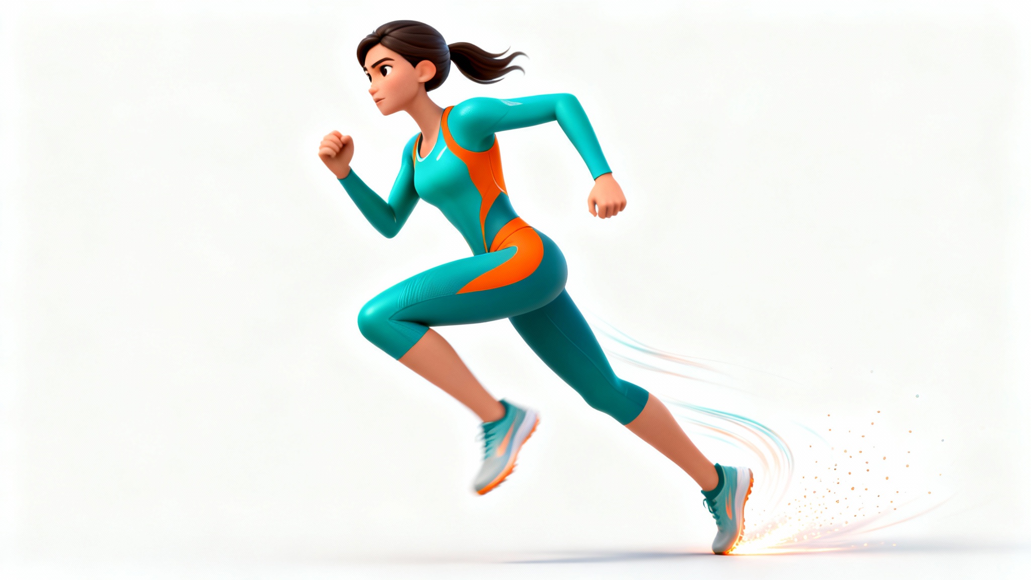 A stylized 3D animation of an athletic woman in a dynamic running pose, wearing teal and orange sportswear, set against a clean white background.