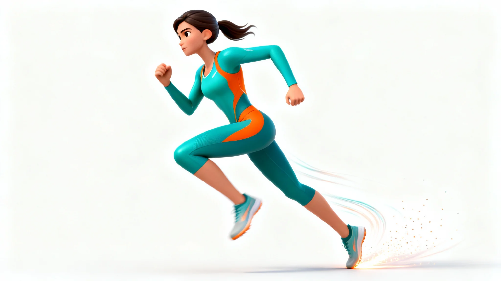 A stylized 3D animation of an athletic woman in a dynamic running pose, wearing teal and orange sportswear, set against a clean white background.