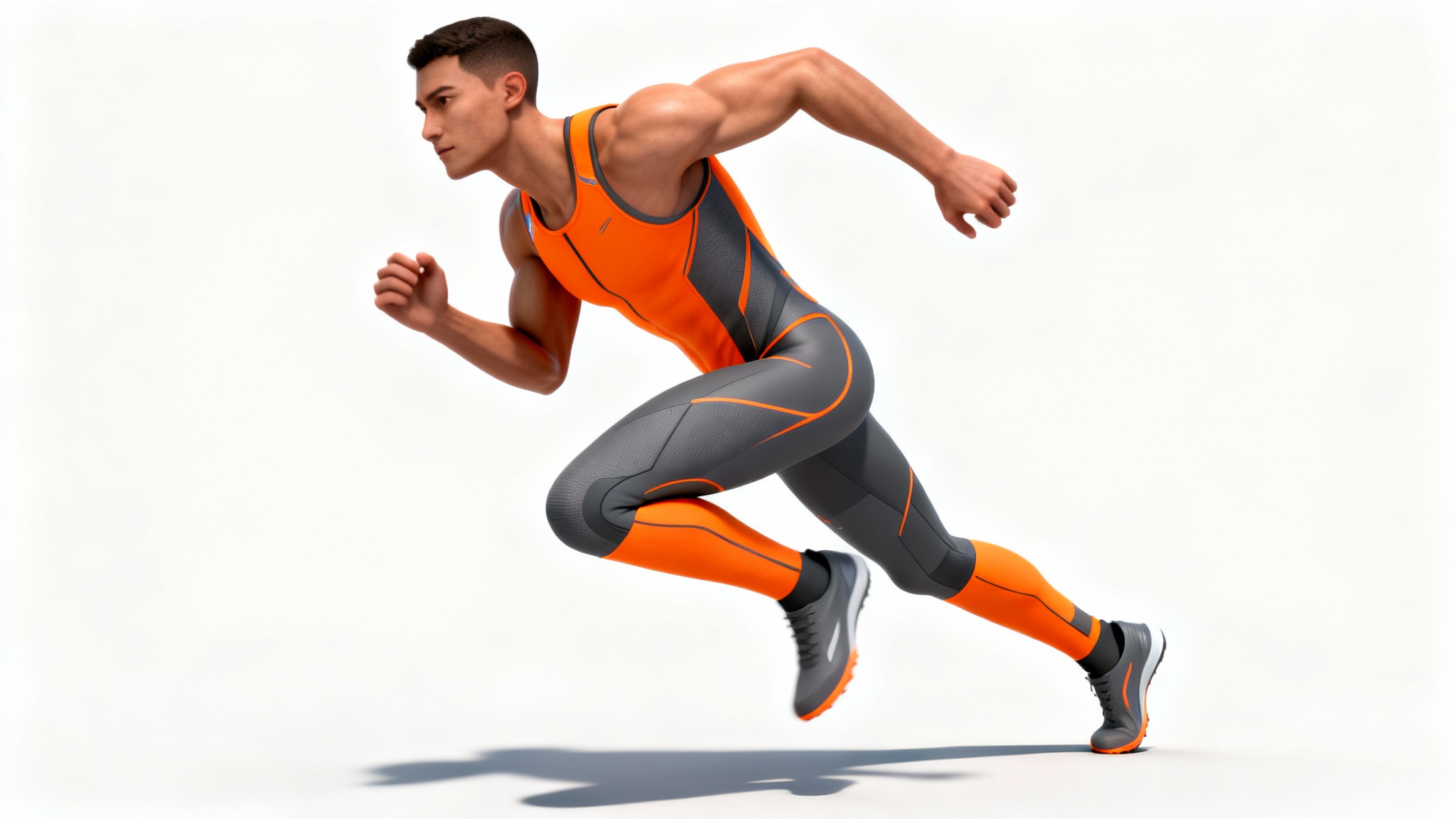 A high-quality 3D animation mockup of a male athlete in a dynamic running pose, wearing futuristic sportswear, isolated on a white background.