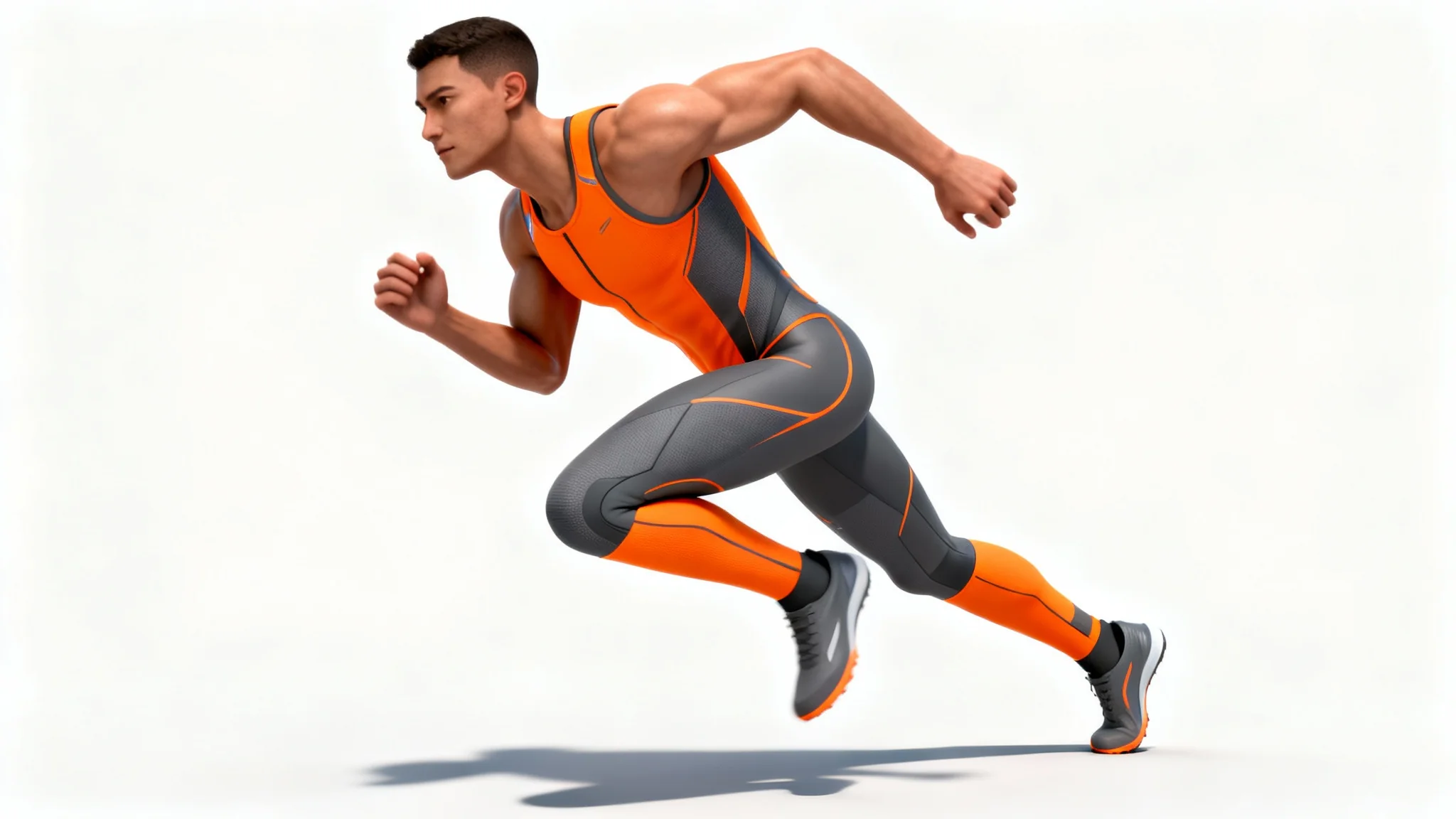 A high-quality 3D animation mockup of a male athlete in a dynamic running pose, wearing futuristic sportswear, isolated on a white background.