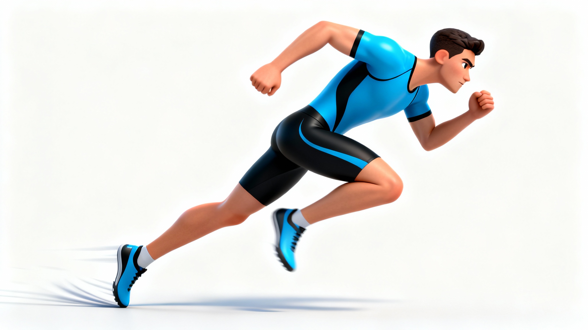 A stylized 3D animation of a male athlete in mid-sprint, wearing blue and black athletic gear, set against a plain white background to highlight the motion and character design.