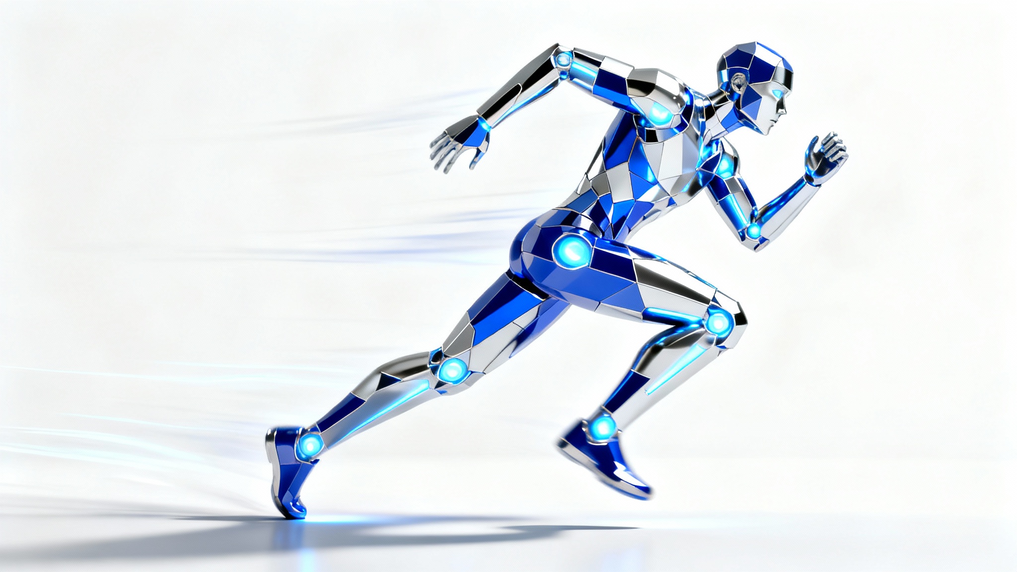 A stylized 3D character captured mid-run, depicted with dynamic motion blur and light trails against a stark white background, illustrating a 3D running animation.
