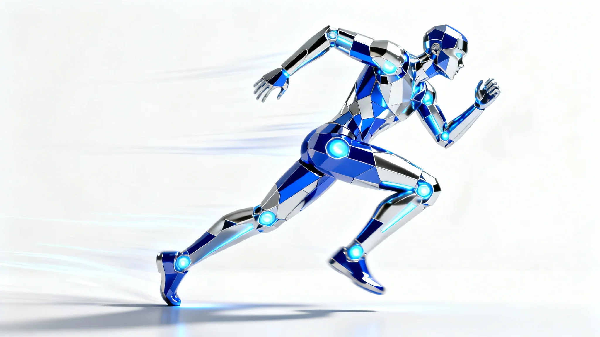 A stylized 3D character captured mid-run, depicted with dynamic motion blur and light trails against a stark white background, illustrating a 3D running animation.