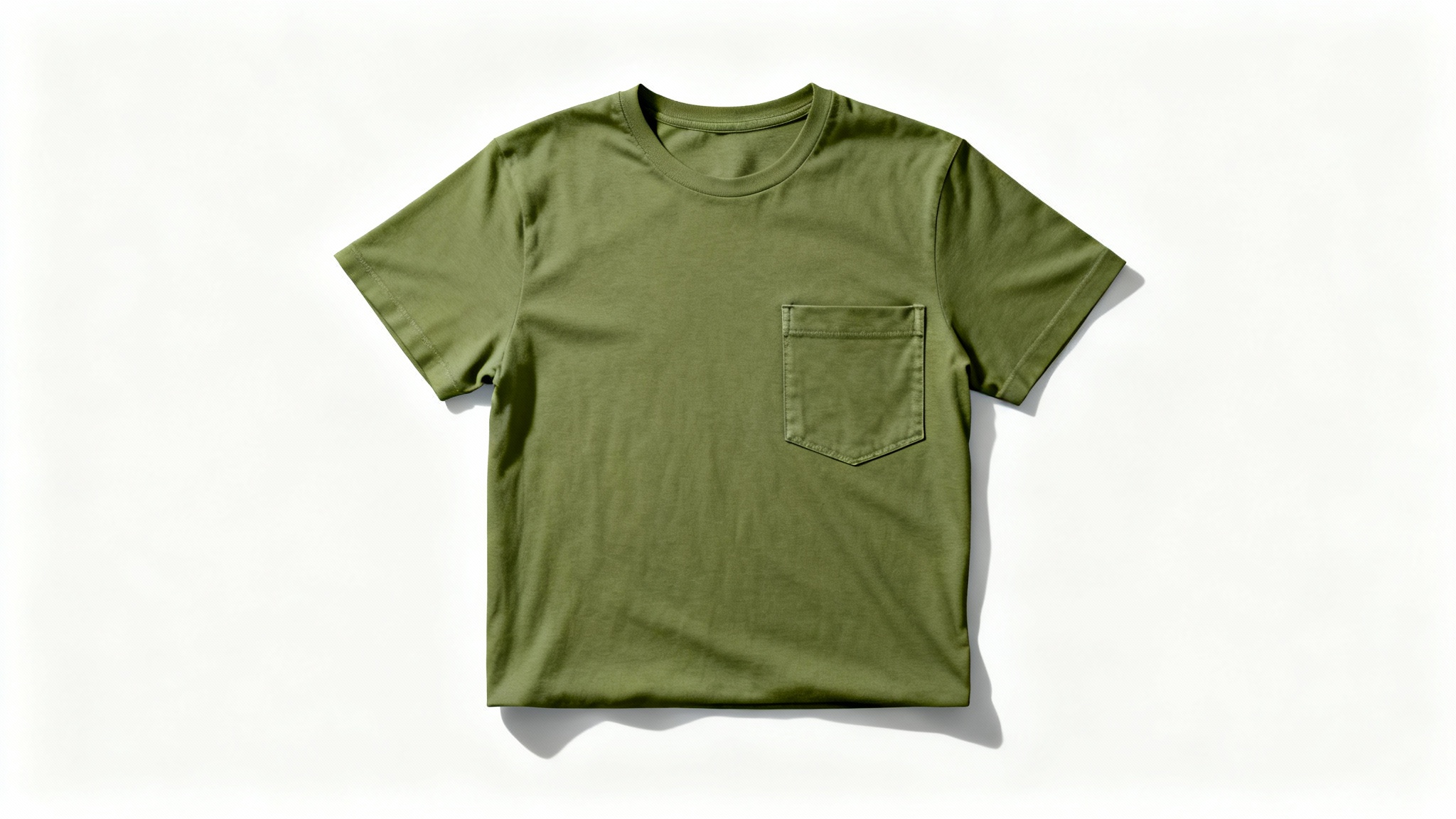 A flat lay product mockup of an olive green pocket t-shirt, neatly displayed on a clean white background.
