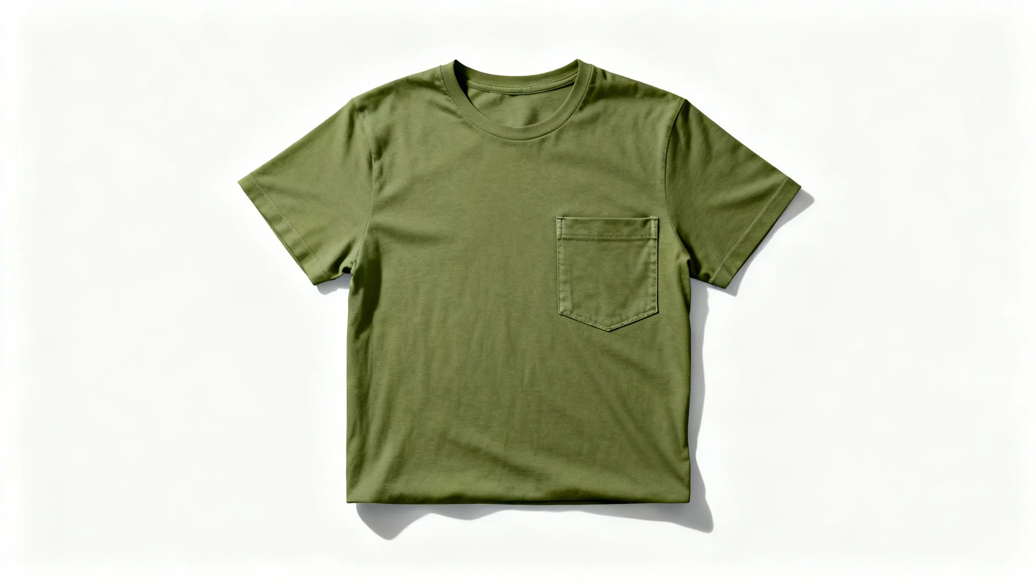 A flat lay product mockup of an olive green pocket t-shirt, neatly displayed on a clean white background.