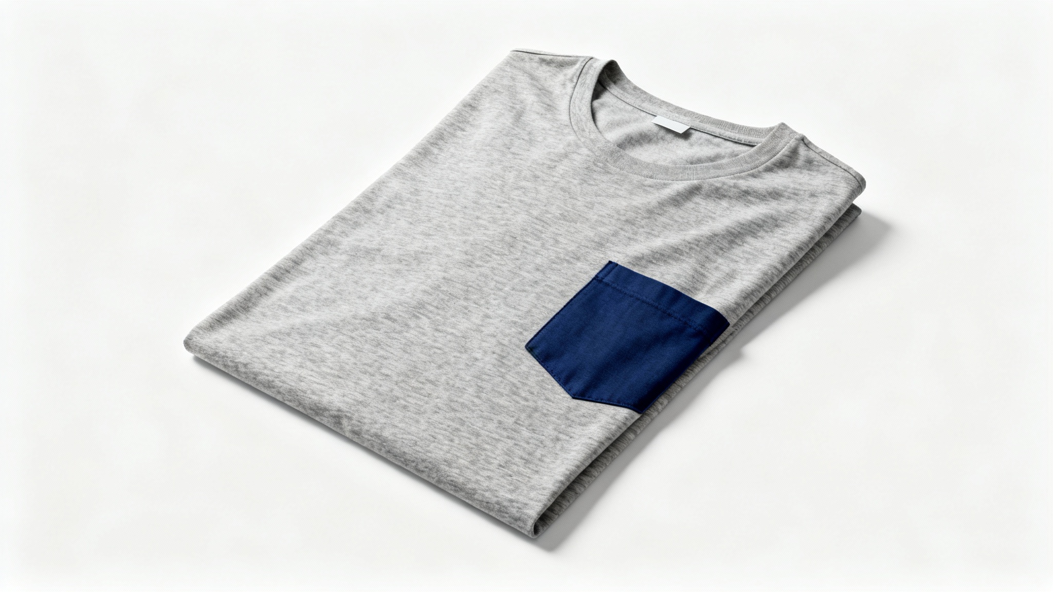 A flat-lay product mockup of a heather grey t-shirt with a solid navy blue pocket, set against a clean white background.