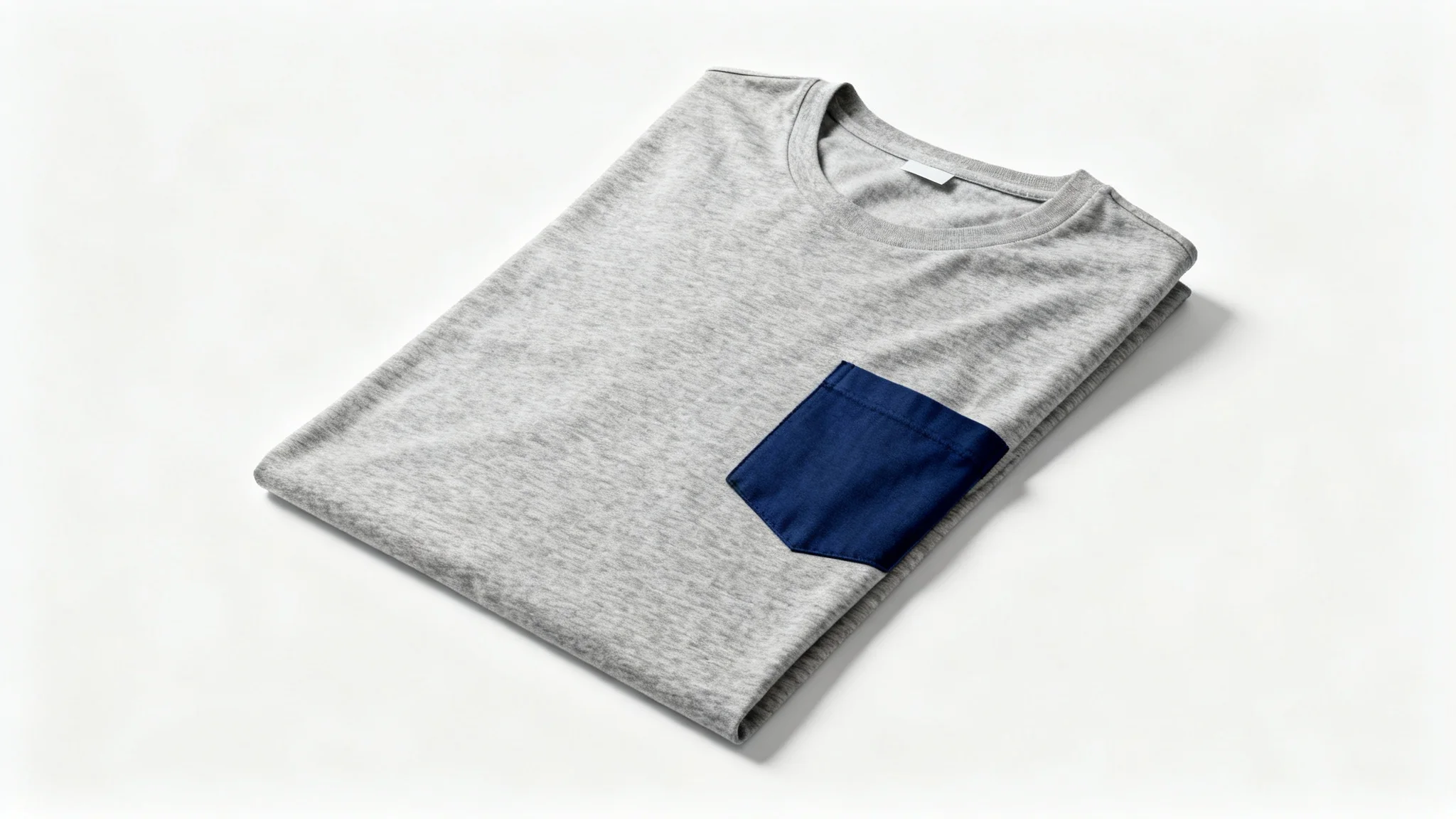 A flat-lay product mockup of a heather grey t-shirt with a solid navy blue pocket, set against a clean white background.