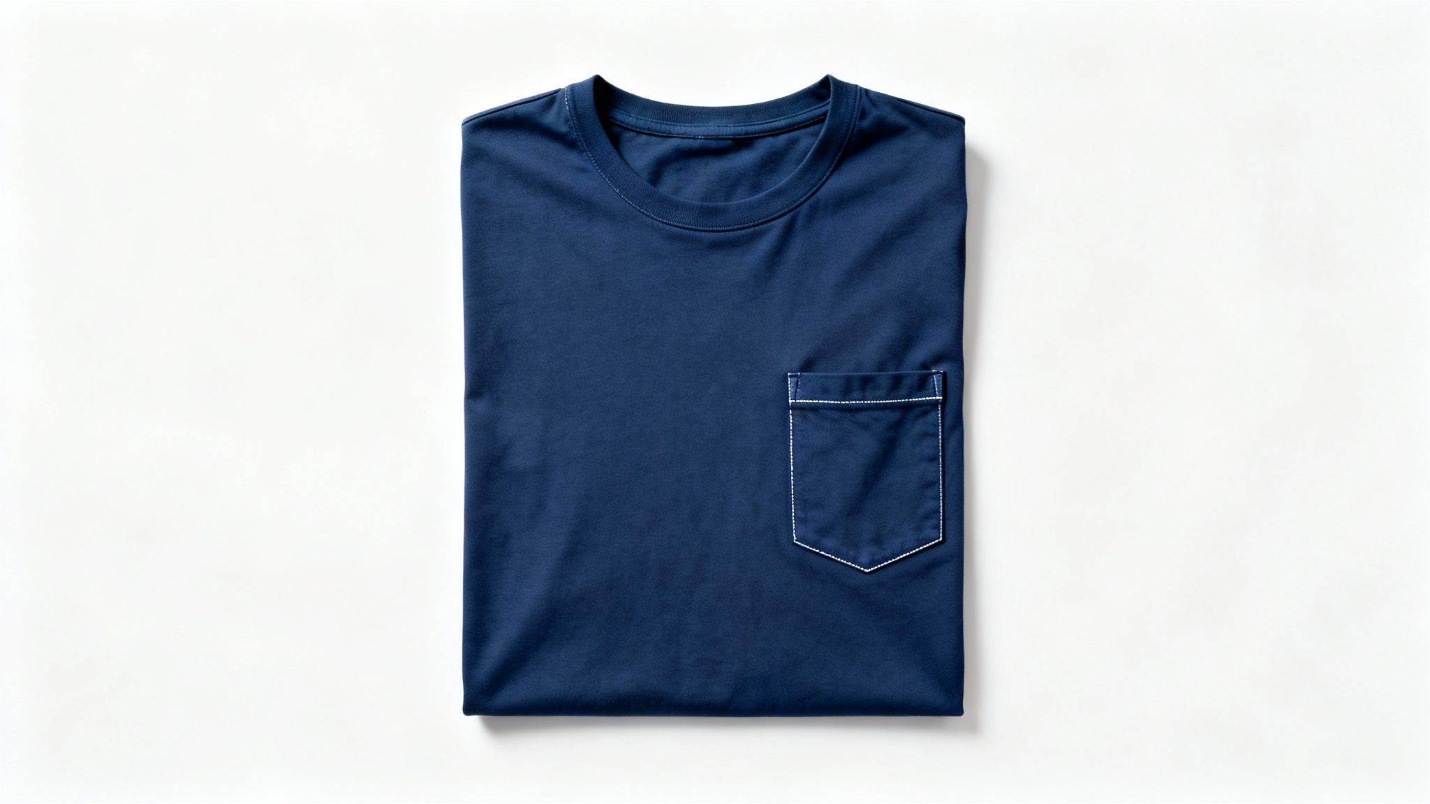 A flat lay product mockup of a navy blue pocket t-shirt, neatly arranged on a solid white background to highlight its features.