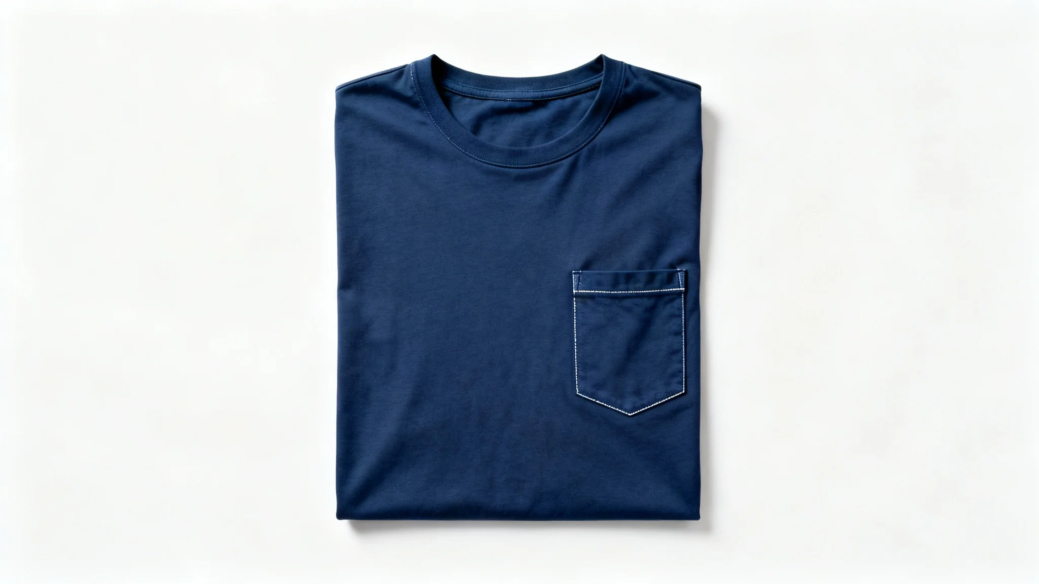 A flat lay product mockup of a navy blue pocket t-shirt, neatly arranged on a solid white background to highlight its features.