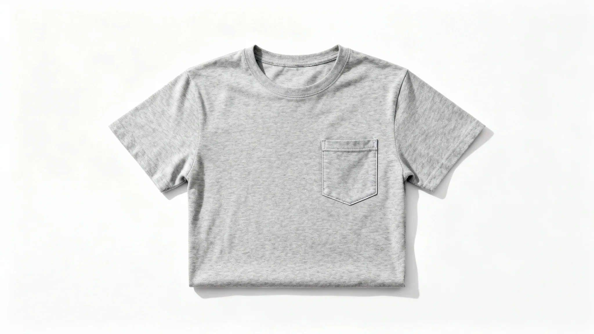 A flat lay, top-down view of a simple heather grey pocket t-shirt mockup on a clean white background, ready for a custom design.