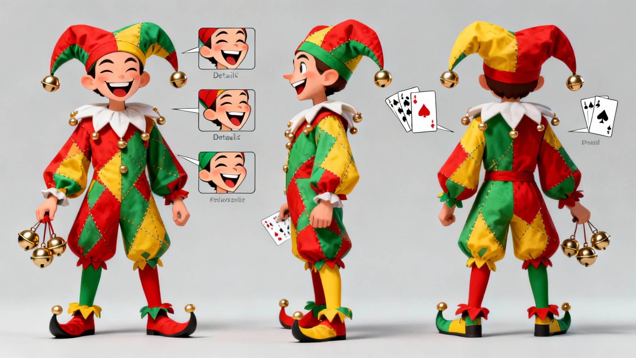 A professional character design sheet for a jester, displayed in a 16:9 format. The sheet features a main full-body illustration of a colorful jester, along with smaller illustrations showing the character from the front, side, and back, and close-ups of different facial expressions and props.