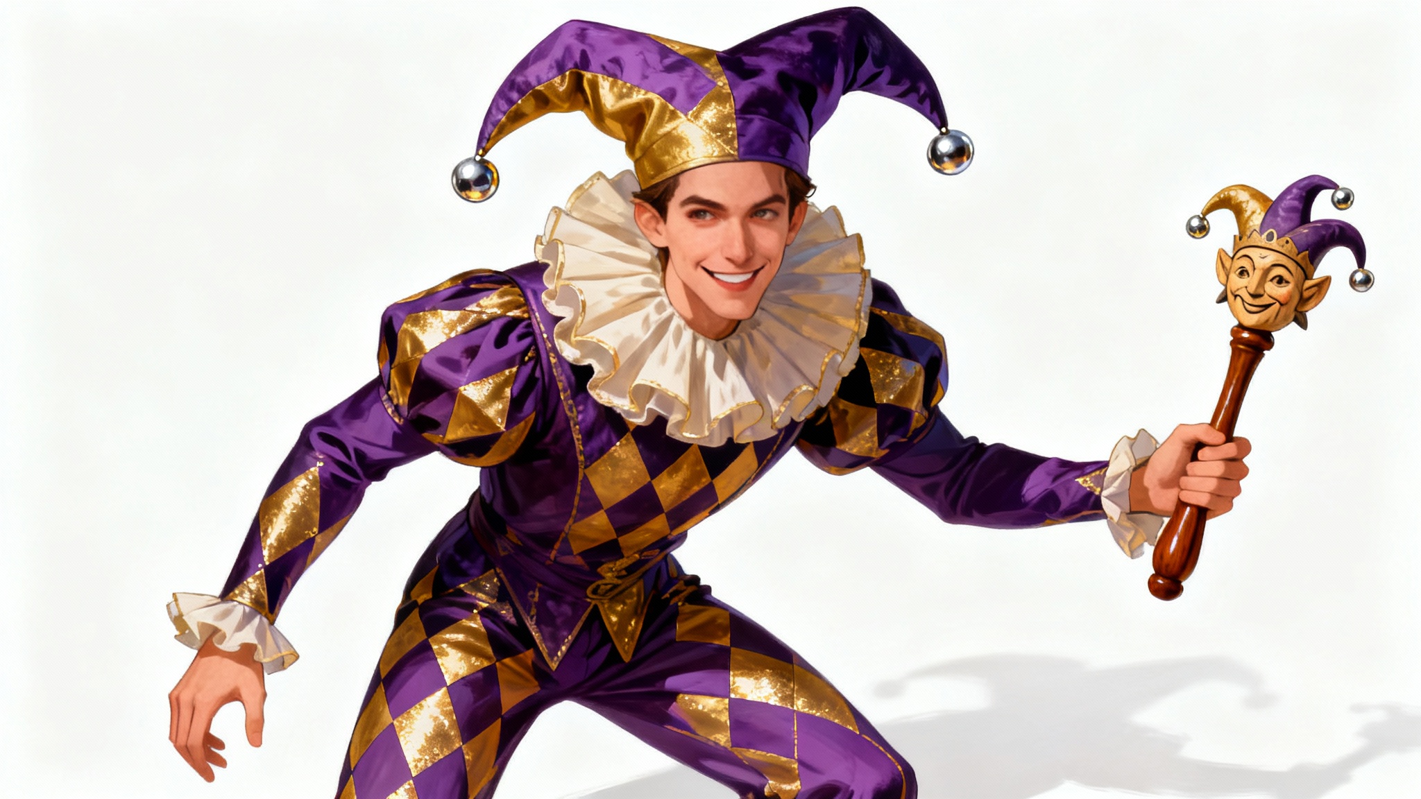 A full-body digital painting of a charismatic jester character design, dressed in a vibrant purple and gold costume and holding a scepter, set against a plain white background.