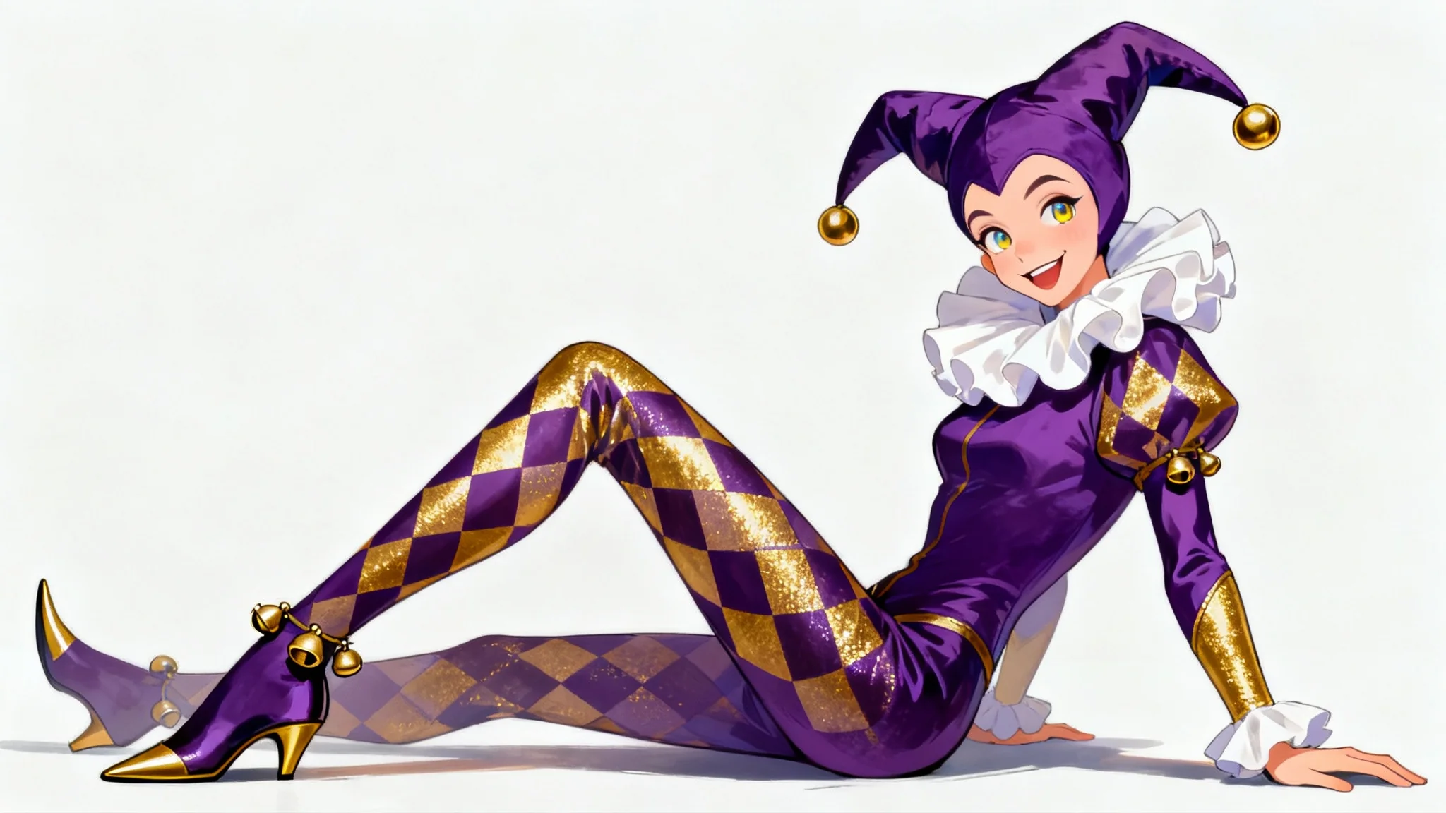 A full-body concept art illustration of a whimsical jester character in a purple and gold costume, posing playfully against a solid white background.