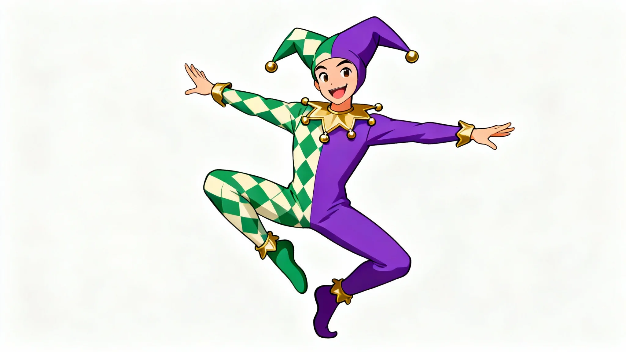 A full-body character design of a mischievous jester in a green, purple, and cream costume, shown in a dynamic pose against a solid white background.