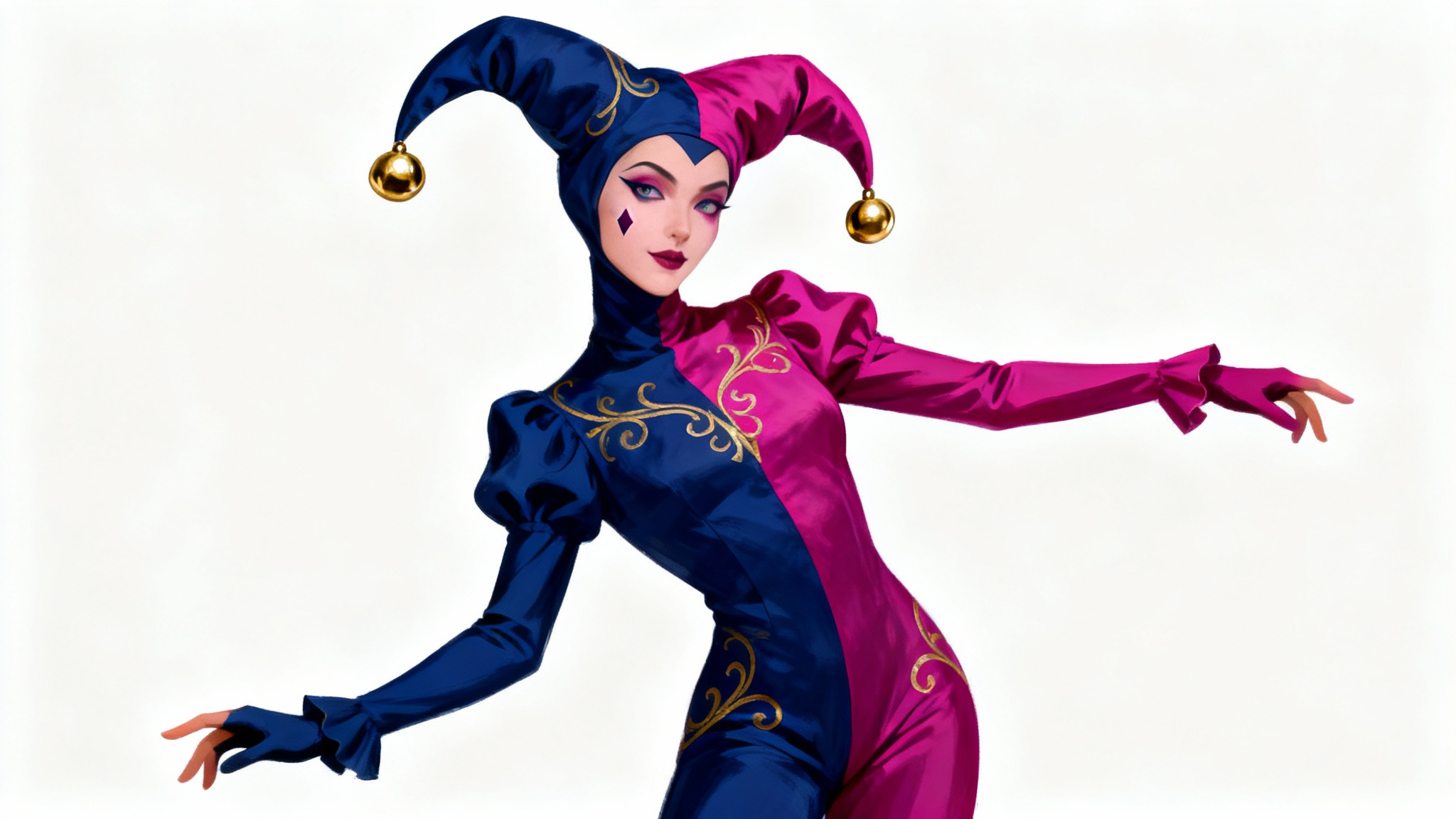 A full-body digital painting of a whimsical jester character design. The jester wears a modern, asymmetrical costume in indigo and magenta with gold details, posing dynamically on a clean white background.