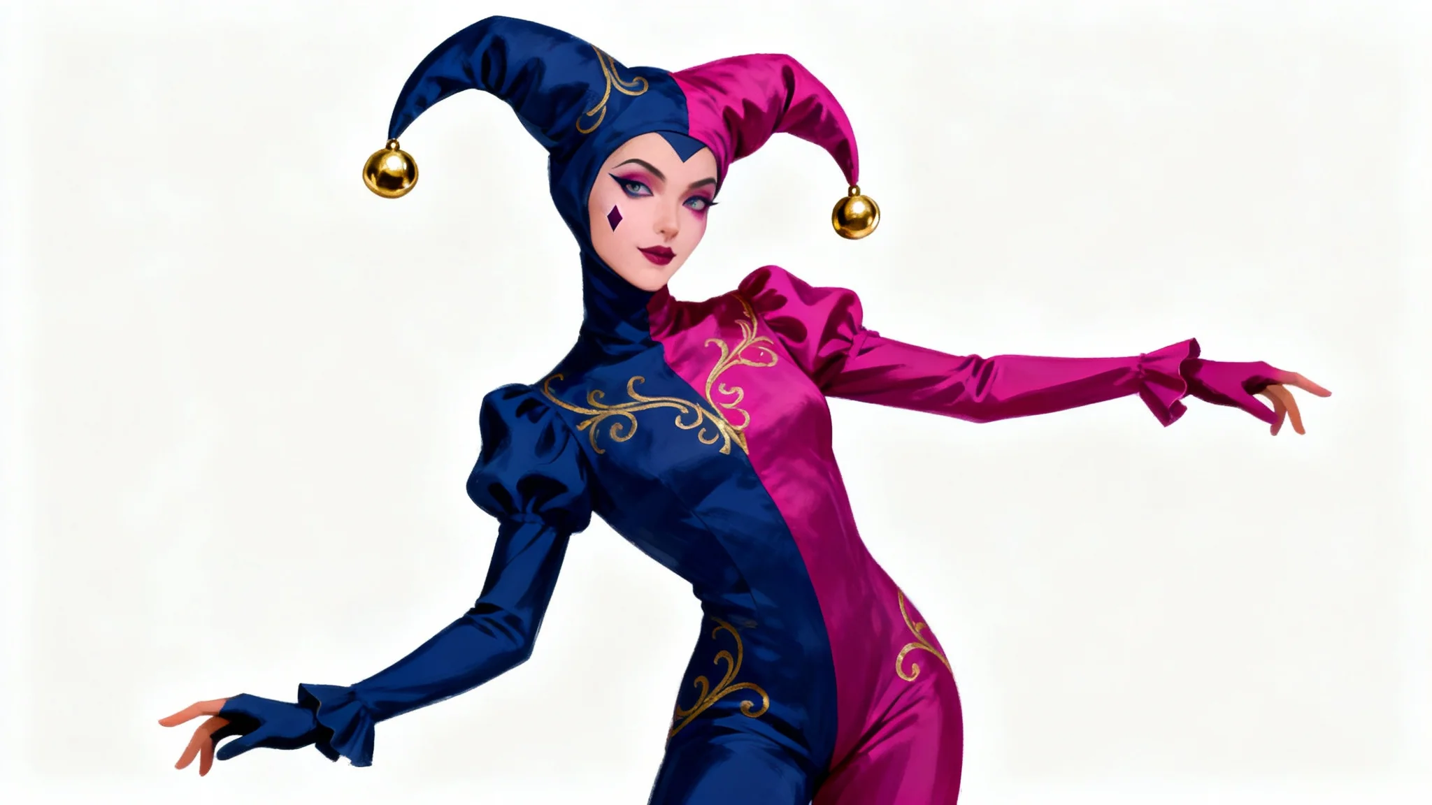 A full-body digital painting of a whimsical jester character design. The jester wears a modern, asymmetrical costume in indigo and magenta with gold details, posing dynamically on a clean white background.