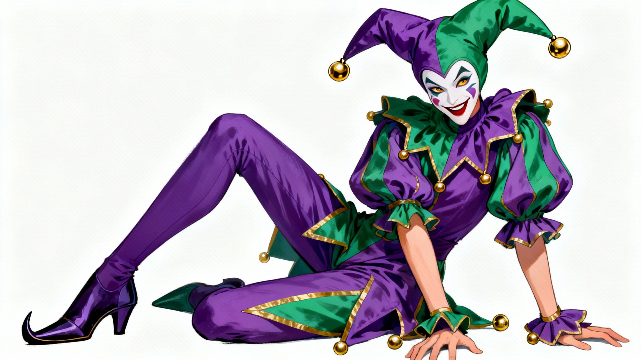 A digital painting of a full-body jester character design in a dynamic pose. The jester wears a purple, green, and gold costume and is set against a plain white background.