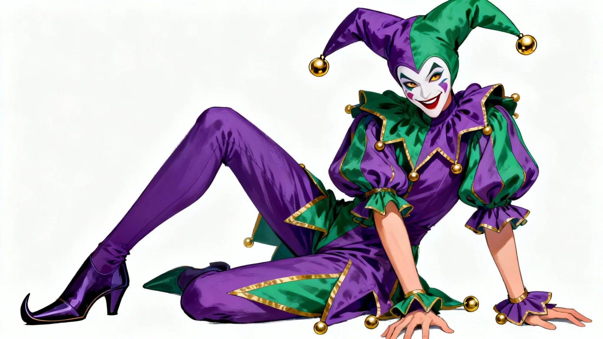 A digital painting of a full-body jester character design in a dynamic pose. The jester wears a purple, green, and gold costume and is set against a plain white background.