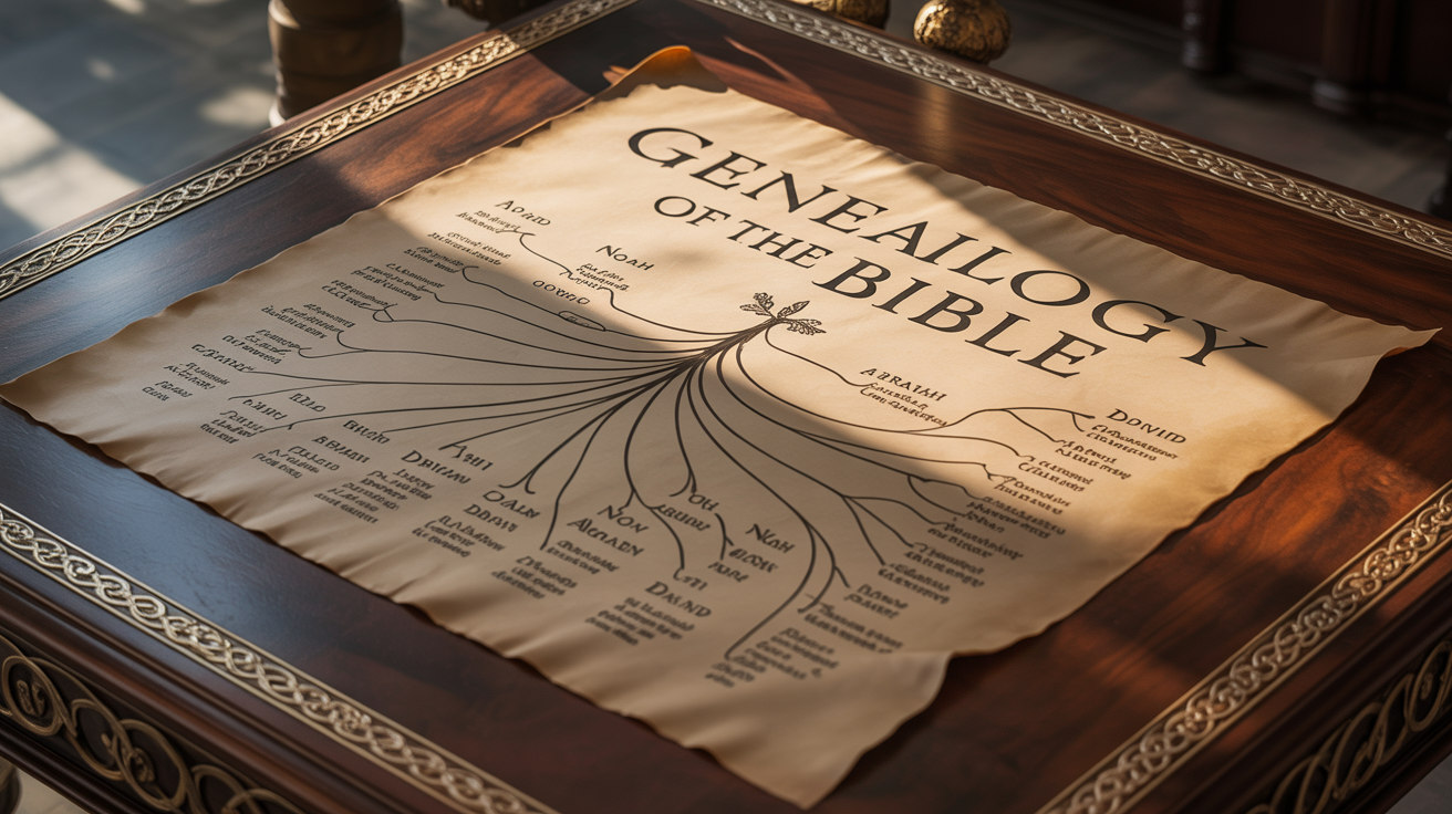 An elegant, finished Bible genealogy chart on aged parchment, laid flat on a dark table. The chart is titled 'GENEALOGY OF THE BIBLE' and traces the lineage of biblical figures like Adam, Noah, and Abraham.
