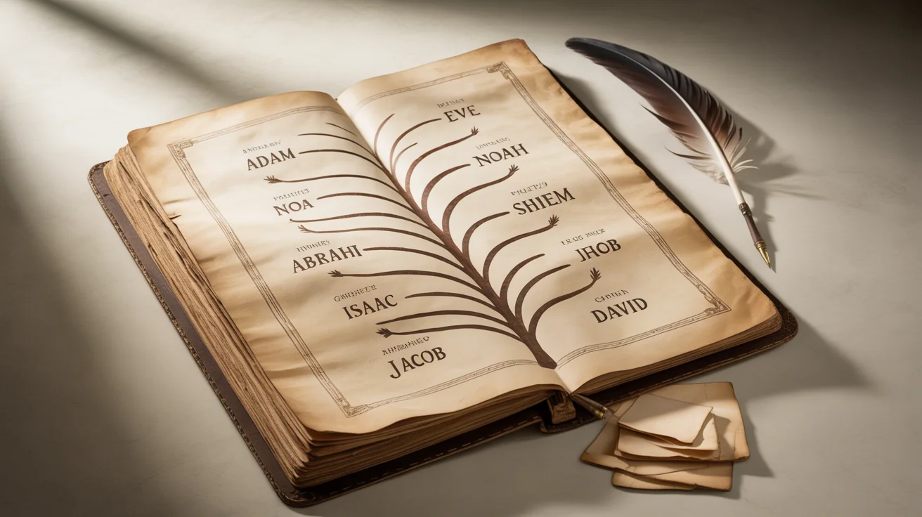 A product mockup of a biblical genealogy chart designed as a family tree on aged parchment paper, shown against a clean white background. The chart features names like Adam, Abraham, and David.