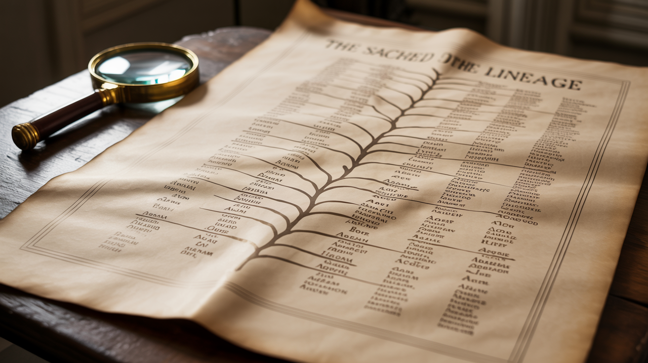 An elegant, old-fashioned genealogy chart depicting biblical family lines, displayed on a sheet of aged parchment against a clean white background.