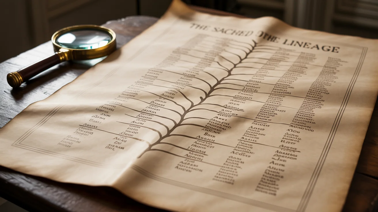 An elegant, old-fashioned genealogy chart depicting biblical family lines, displayed on a sheet of aged parchment against a clean white background.