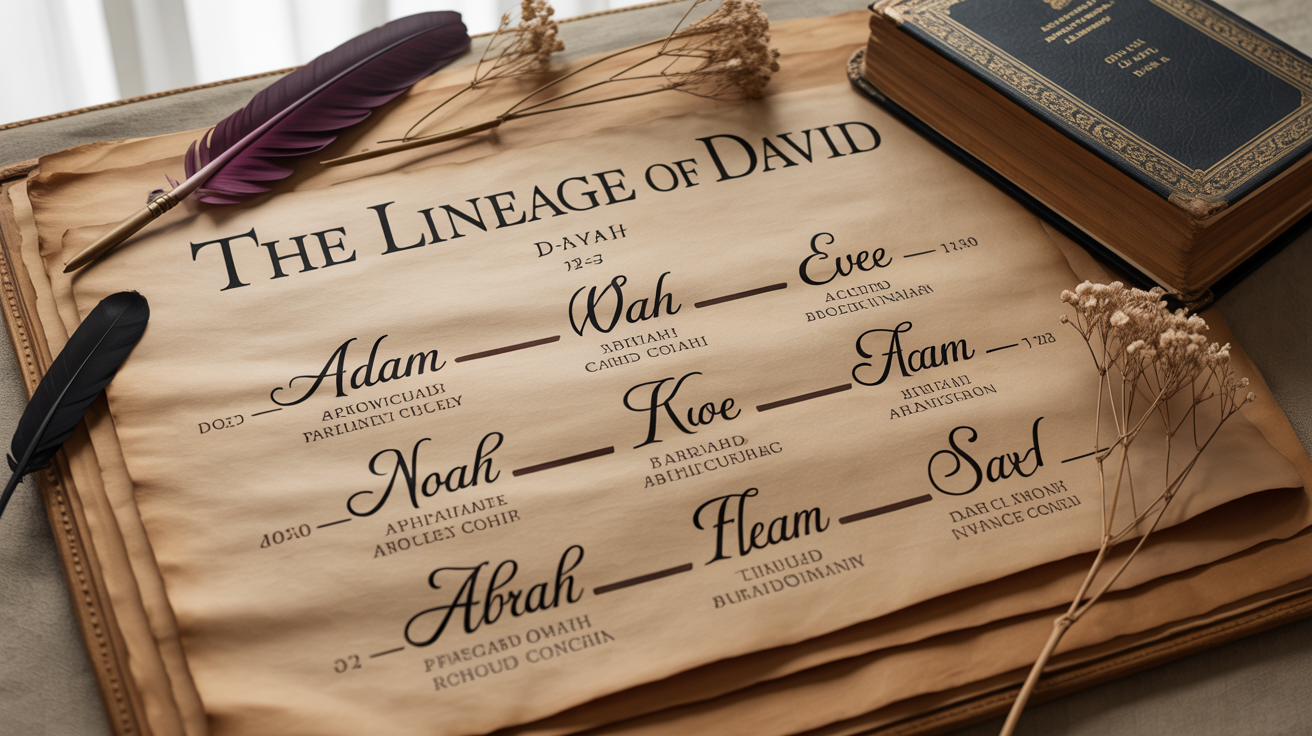 A top-down mockup of a Bible genealogy chart on off-white paper, tracing the lineage from Adam to David in elegant black calligraphy. The chart is presented against a clean white background.