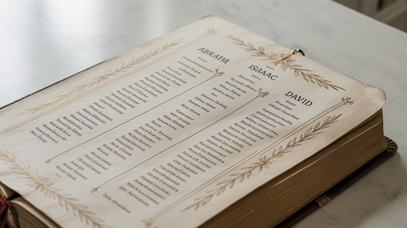 A mockup of an elegant biblical genealogy chart printed on aged parchment, showing the family tree of figures like Abraham, Isaac, and David, set against a plain white background.