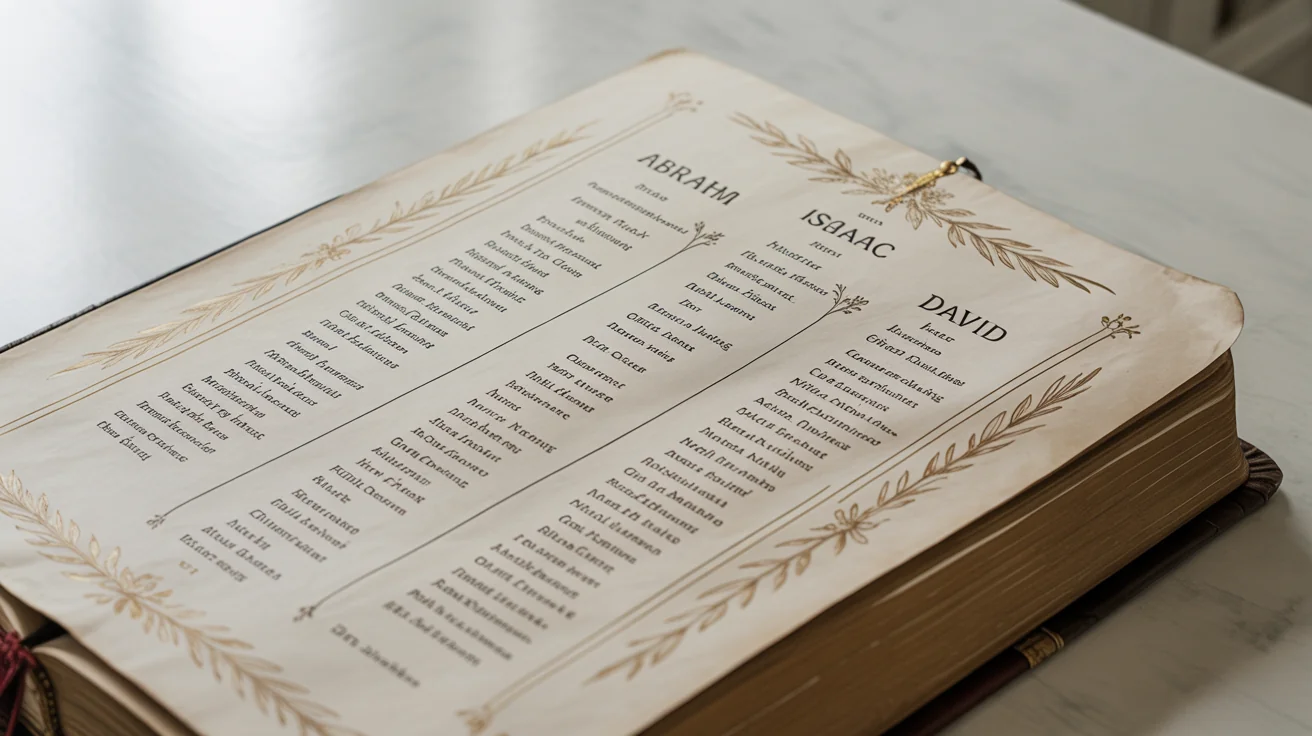 A mockup of an elegant biblical genealogy chart printed on aged parchment, showing the family tree of figures like Abraham, Isaac, and David, set against a plain white background.