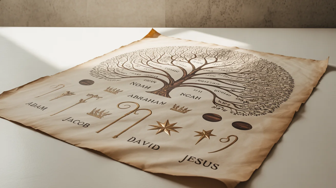 A detailed and artistic Bible genealogy chart on aged parchment, showing the lineage from 'Adam' to 'Jesus' in elegant calligraphy, set against a clean white background.
