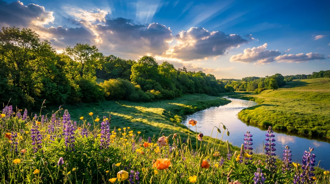 An ultra-realistic enhanced landscape at golden hour, with dramatic sun rays shining over a lush forest, a mirror-like river, and hyper-detailed wildflowers in the foreground, representing a final output from an image enhancer tool.