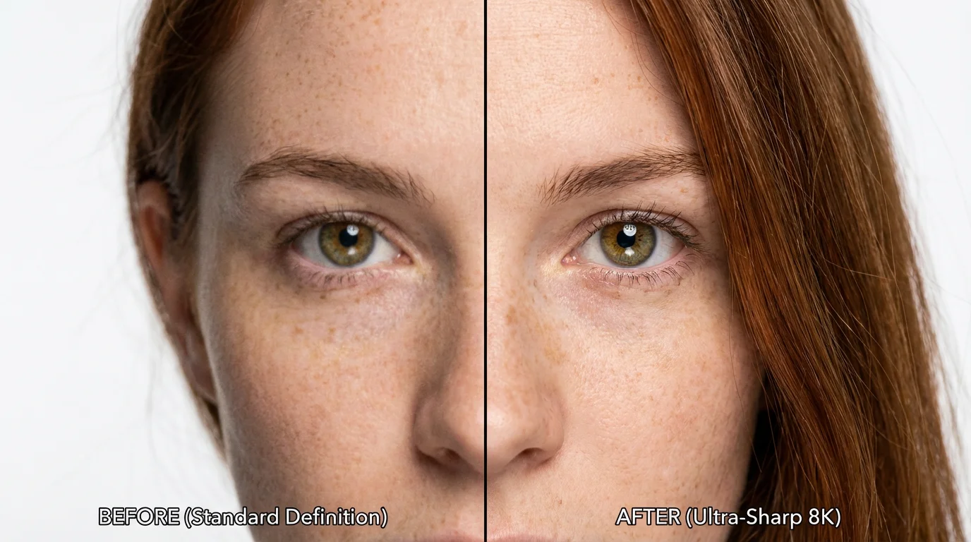 A split-image portrait demonstrating a realistic image enhancer. The left side of the face is slightly blurry, while the right side is hyper-realistic and incredibly sharp, showcasing the powerful enhancement effect.