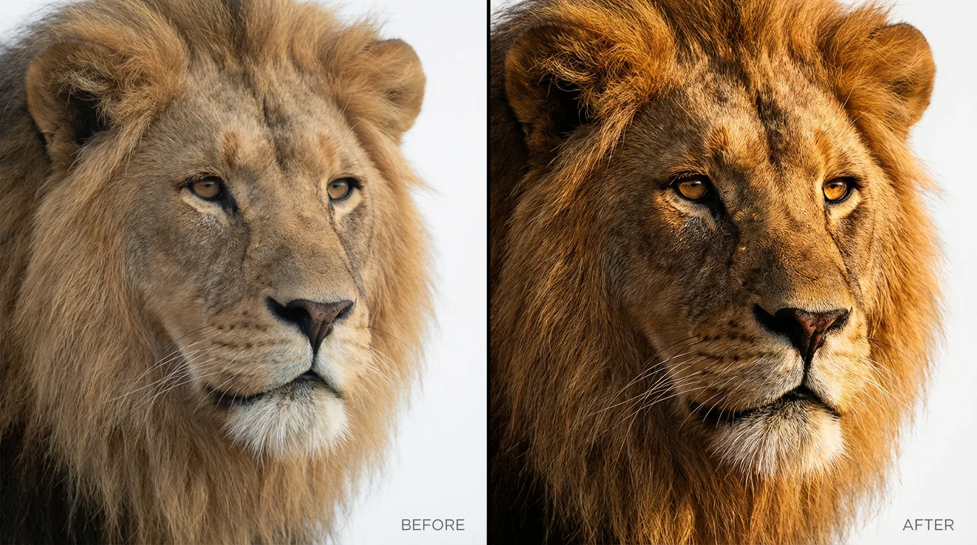 A before-and-after mockup demonstrating a realistic image enhancer. The left side shows a standard photo of a lion, while the right side shows the same photo enhanced to be hyper-realistic with incredibly sharp details and dramatic lighting.