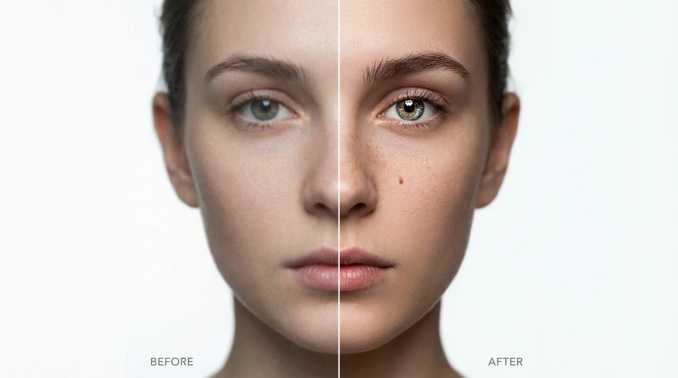 A before-and-after comparison image showing a portrait enhanced for realism. The left side is blurry and low quality, while the right side is hyper-realistic and sharp, showing incredible detail in the skin and hair.