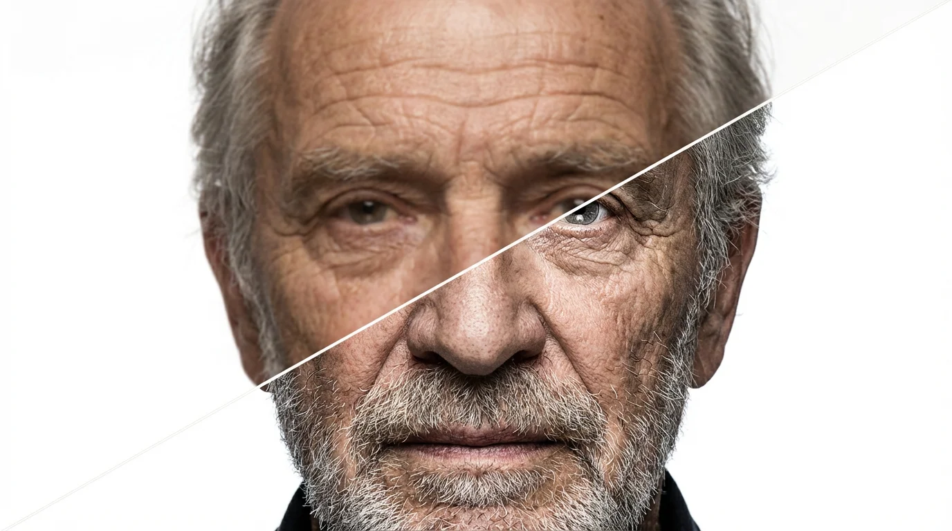 A before-and-after portrait of an elderly man, split diagonally. One half is blurry and muted, while the other is hyper-realistic and sharp, demonstrating the effect of a realistic image enhancer.