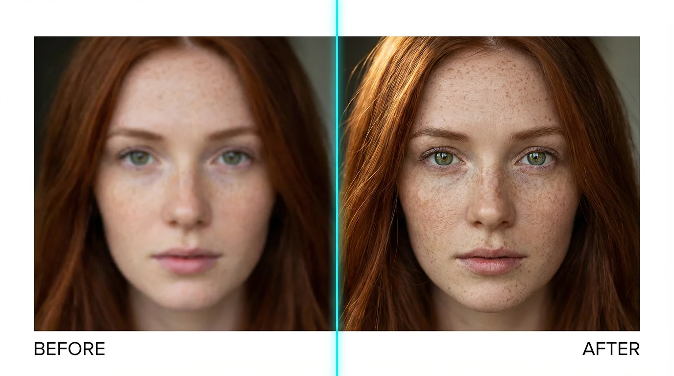 A before-and-after mockup demonstrating a realistic image enhancer. The left side is a blurry portrait of a woman, while the right side is the same portrait, but hyper-realistic and crystal-clear, showcasing enhanced detail in her hair, eyes, and skin, against a white background.