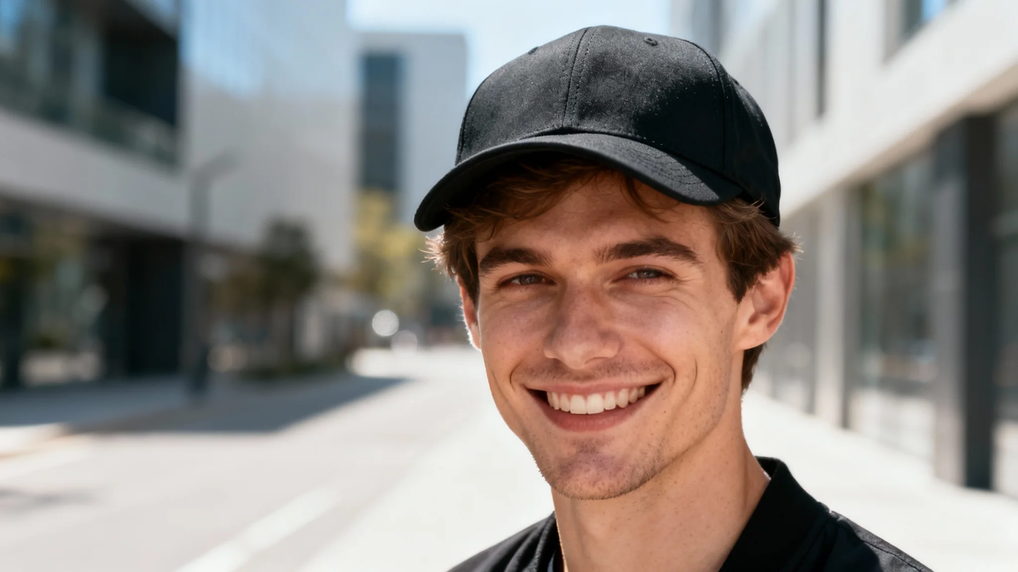 A high-quality photo of a happy man with a black baseball cap perfectly and digitally added to his head, shown as the final result of a photo editing tool.
