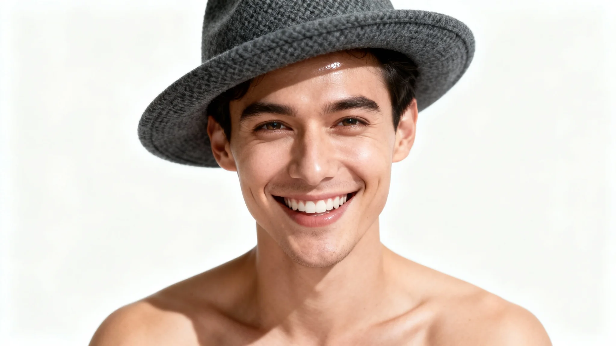 A high-quality studio portrait of a person smiling while wearing a stylish fedora, demonstrating the 'add hat to photo' feature against a clean white background.