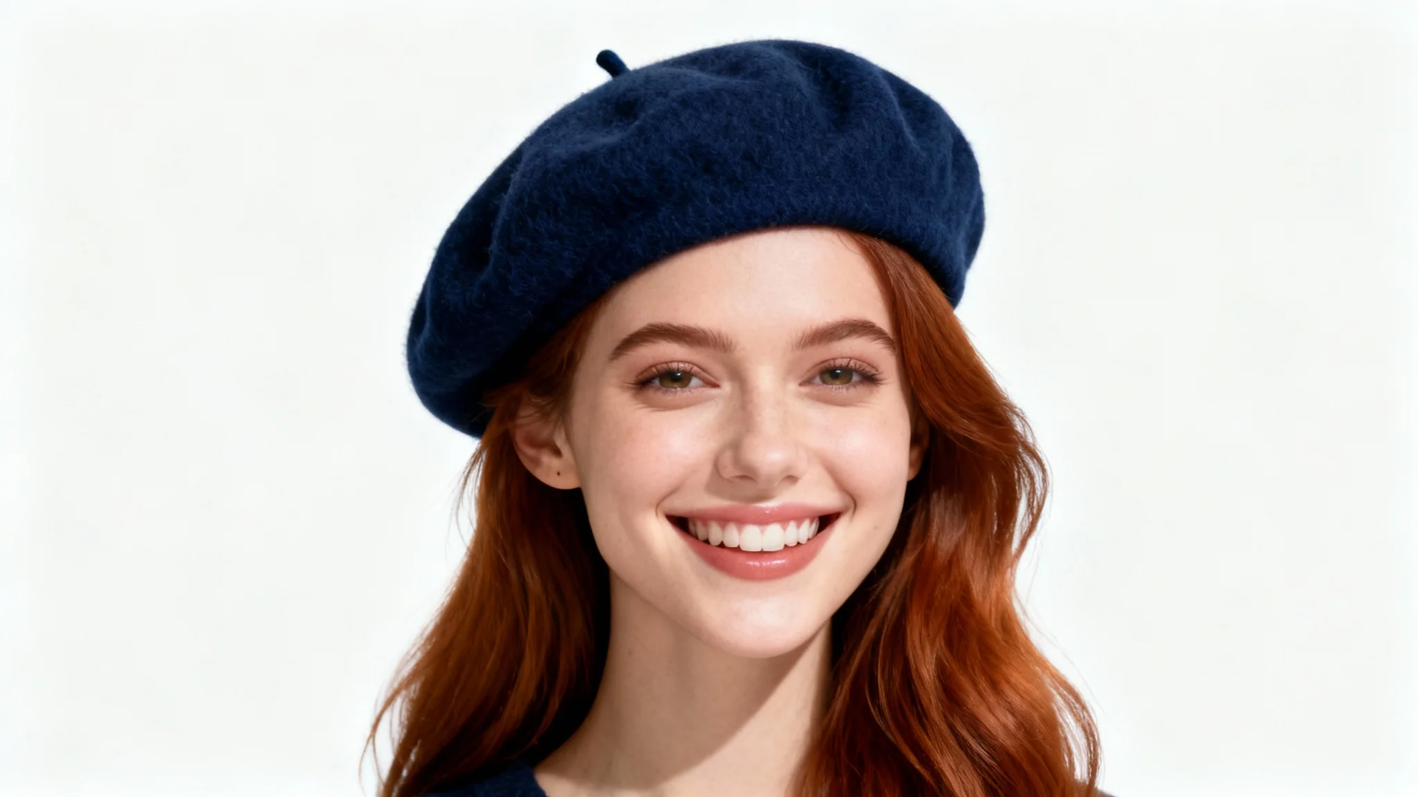A high-quality studio portrait of a smiling woman, showcasing a stylish navy blue beret perfectly added to her head, set against a plain white background.