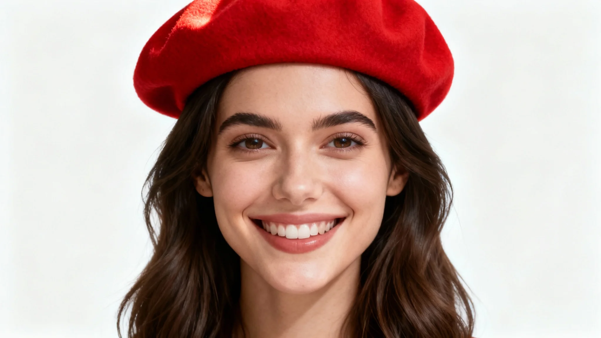 A photorealistic image of a smiling woman with a bright red beret digitally added to her head, showcased against a clean white background.