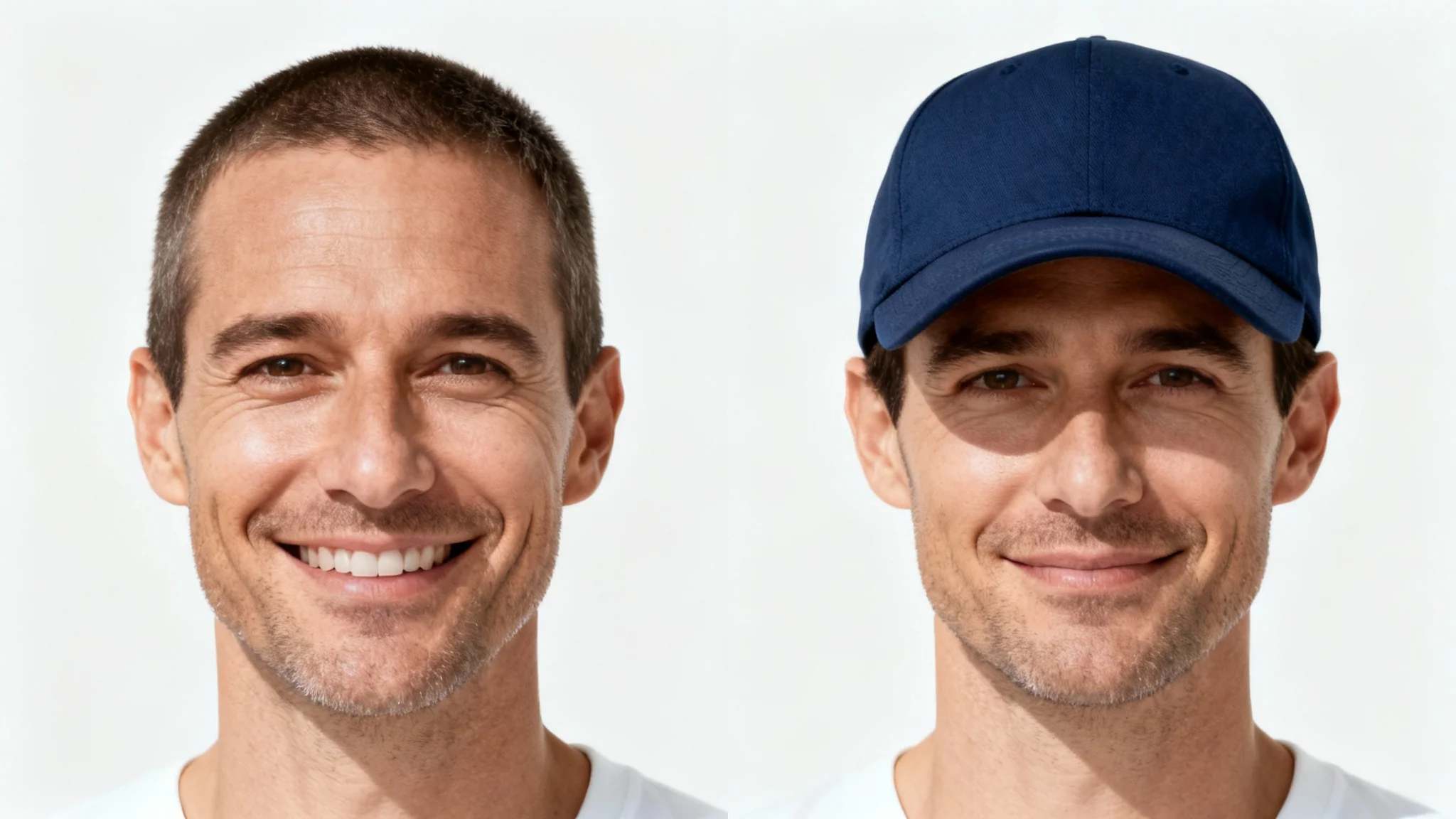 A before-and-after comparison image. On the left is a portrait of a man, and on the right is the same portrait but with a blue baseball cap added to his head.